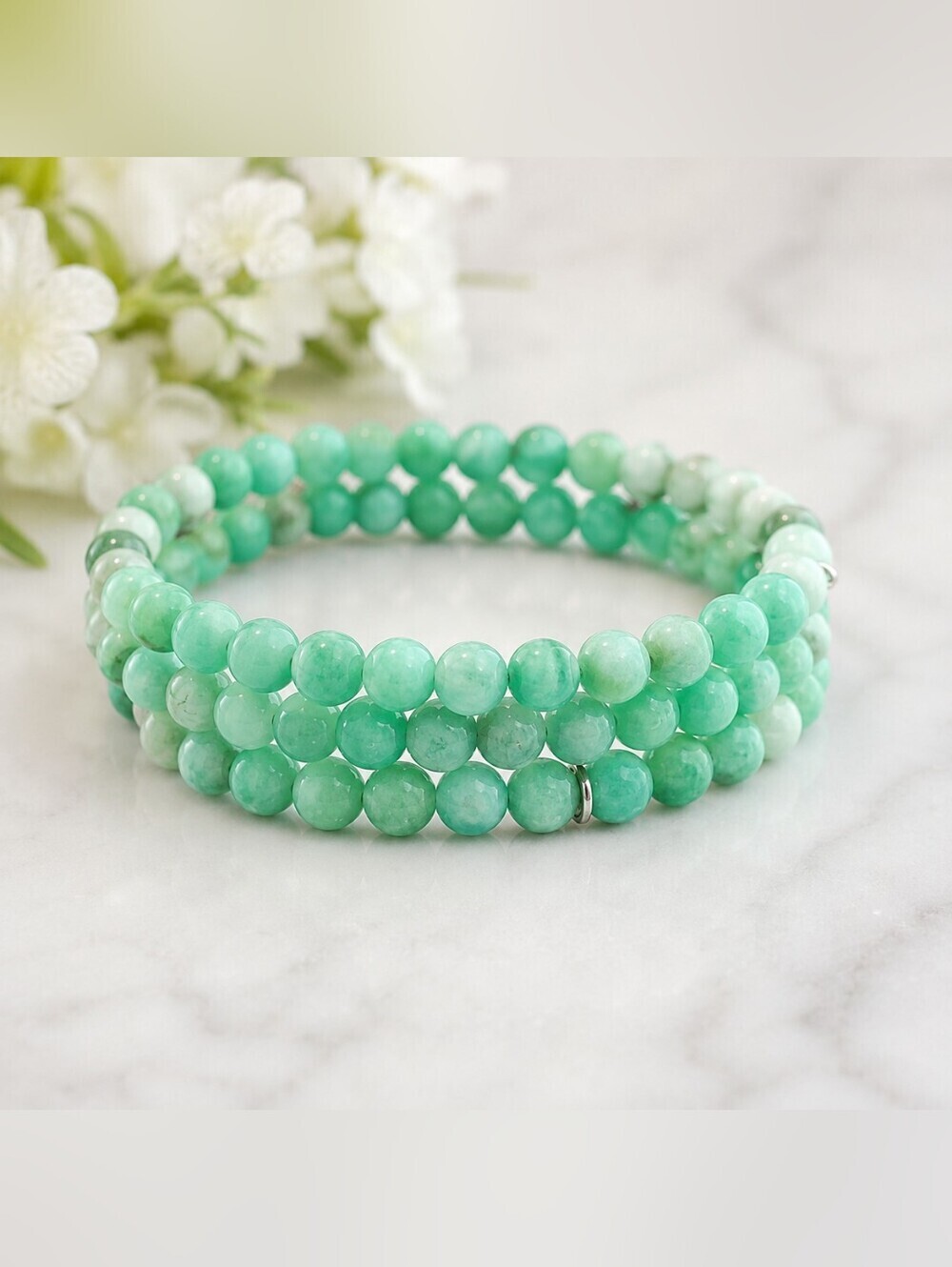 Seafoam Green Dragon Veins Beaded Wrap Bracelet – Handmade Coastal Jewelry - Picture 5 of 7